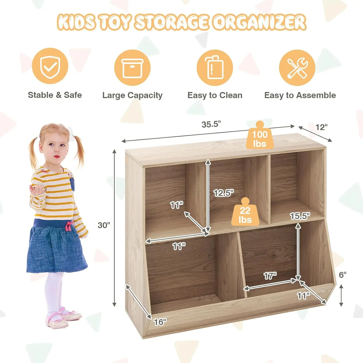 Toy Storage Organizer With Bookcase, 5-Cubby Children Bookshelf Toy Storage Cabinet, Open Kids Toy Storage Shelf Book Display