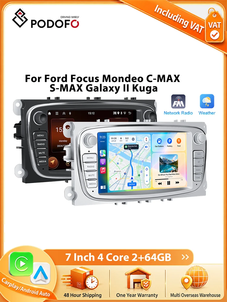 Podofo 7-calowe radio samochodowe do Forda Focusa, Mondeo, C-MAX, S-MAX, Galaxy II, Kuga z bezprzewodowym CarPlay, Android Auto, multimedialnym systemem stereo, WIFI, nawigacją GPS, FM/RDS, BT, 2din, — 2