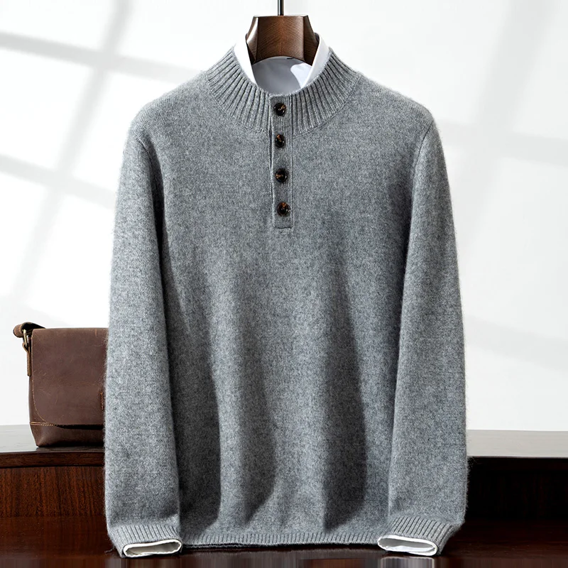 

Autumn Winter New Four-Button Half-High Collar Knitted Sweater 100% Cashmere Men's Sweater Loose Fashionable Warm Base Shirt