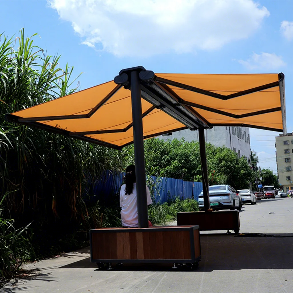 New Design Free Standing Aluminum Alloy Frame Butterfly Awning Black Full Cassette Double Side Remote Control Sun/Rain/Snow/Wind