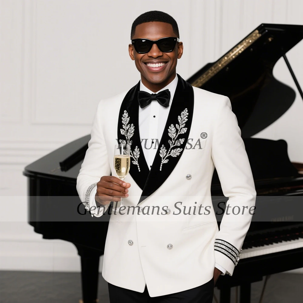 

Fashion Crystals Beaded Suits Men For Wedding Shawl Lapel Prom Blazers Outfit 2 Pieces Groom Tuxedo traje de hombre elegant 2025