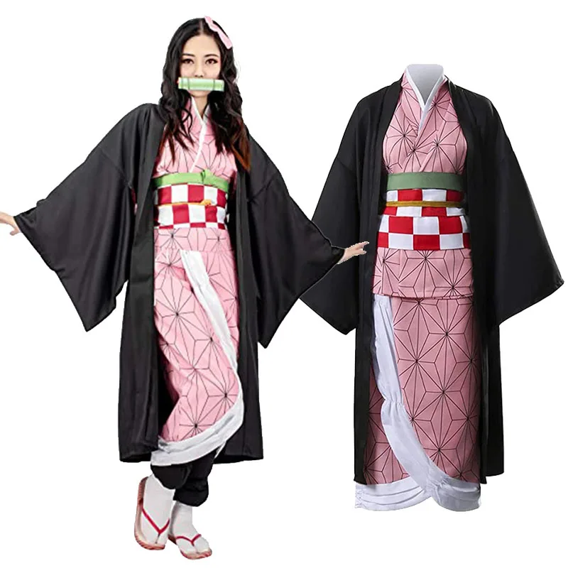 Kostum Cosplay Setan Slayer Kimetsu No Yeyang Kimono Kamado Nevuko Wig Anak Dewasa Setelan Kostum Anime Halloween