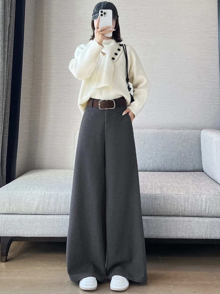 Fall Winter Woolen Wide-leg Suit Pants Women 2025 Fashion High-waisted Draping Straight-leg Casual Floor-length Thick Trouser