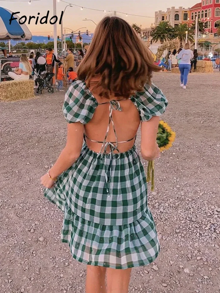 Foridol Lace Up Backless Gingham Chiffon Summer Dress Vintage A-line Puff Sleeve Plaid Short Dress Chic Blue Holiday Dress 2024