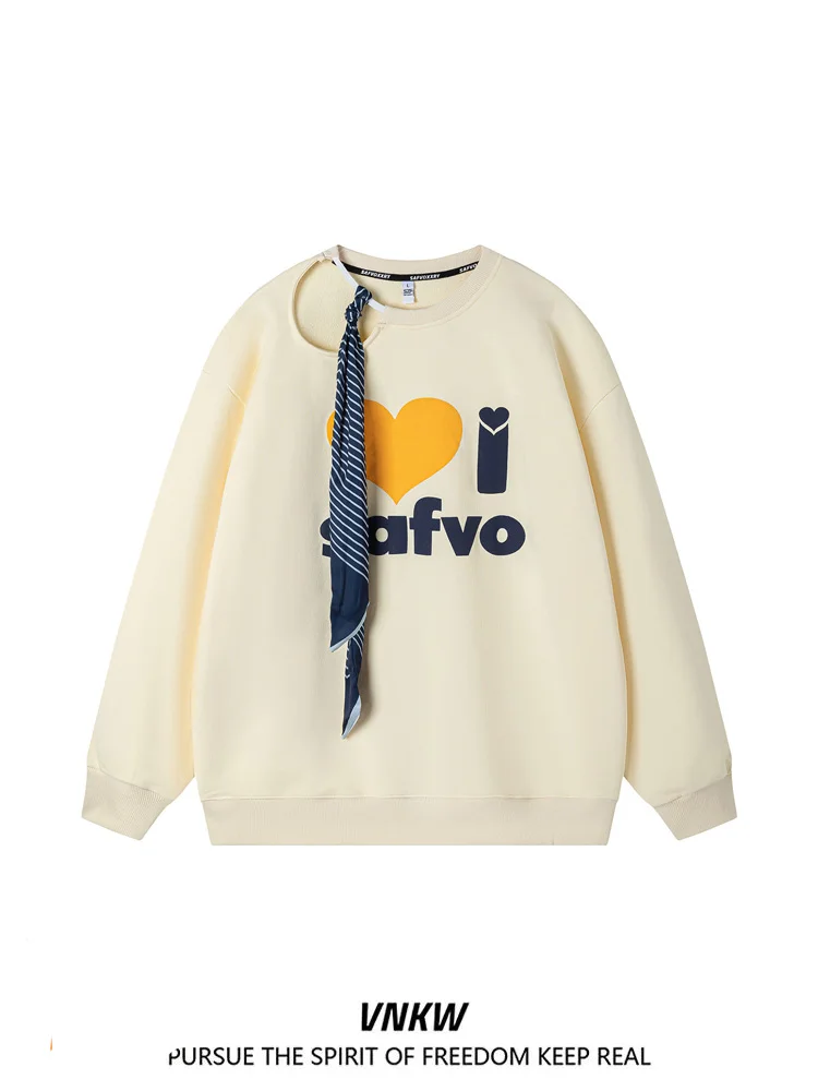 

Casual round Ne Sweatirt Men's Tie Design Hollow Heart Letter Print Loose Fit ex Autumn Warm Cotton Top Street Sle