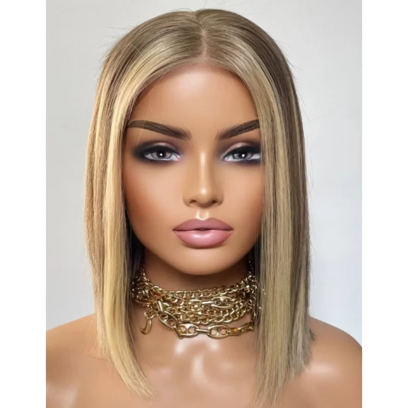 オンブレライトブロンドウィッグ（ダークルート）16インチ肩丈合成レースフロントウィッグ耐熱ファイバー日常＆コスプレウィッグ