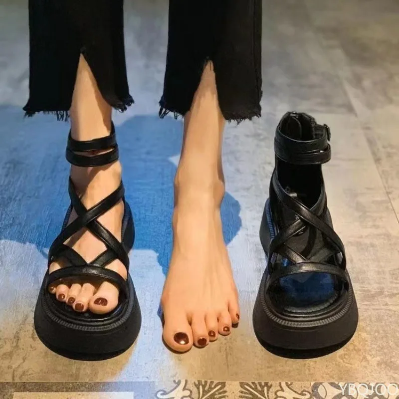 Fashionable Thick Bottom Sponge Cake Bottom Sandals for Women's Summer Style Versatile Hollow Cross Fine Strap Zipper Sandals