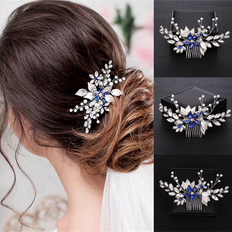 Pearl Crystal Flower Leaves Hair Combs Vines Band For Women Bride Wedding Hair Accessories Jewelry Rhinestone Hairbands Clips