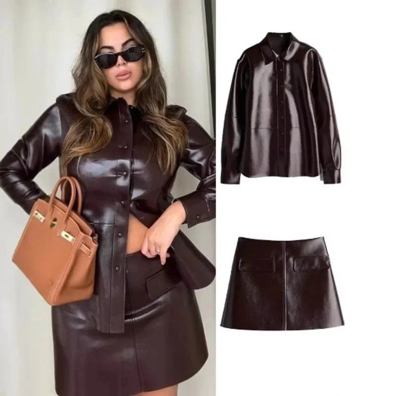 

Fashion Women Leather Jacket Skirt Suit Elegant O-neck Single Breasted Female Coat High Waist Mini Skirts Locomotive Ladies Sets