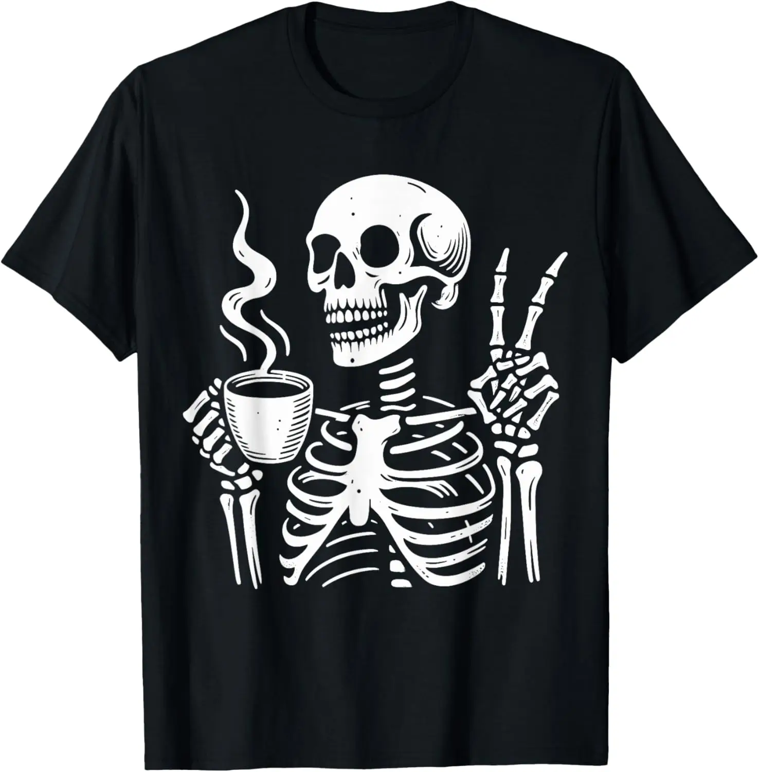 Skeleton Drinking Coffee Gothic Peace Sign Halloween Hippie T-Shirt