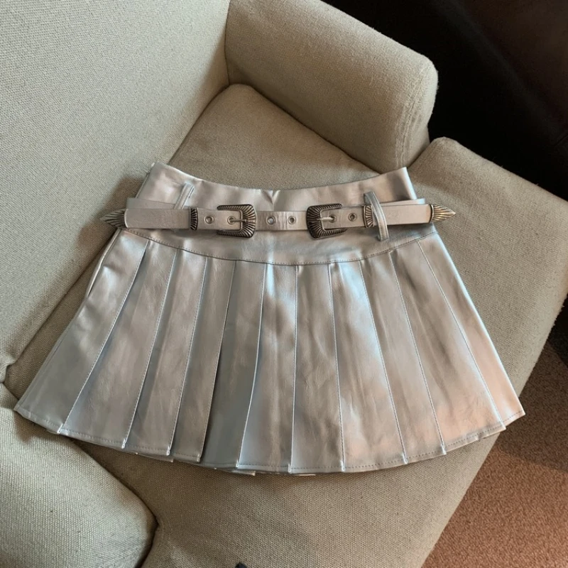 

Pu Leather Silver Pleated Skirts Women 2024 Autumn with Belt High Waist Mini Skirt Woman Harajuku Short Skirts Female