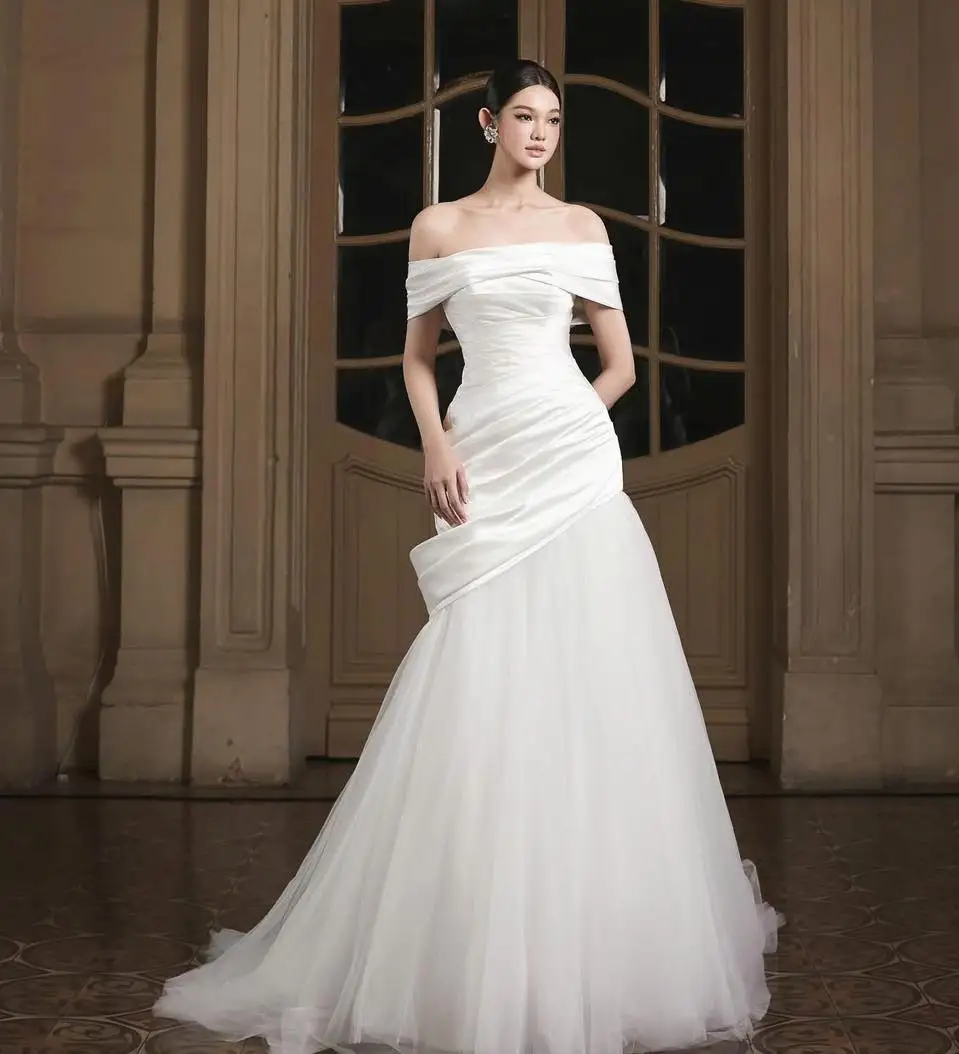 

Gowns Customized Elegant Dresses For Special Occasions Evening Satin Trumpet Off-the-shoulder Floor length Zipper Prom Pleats