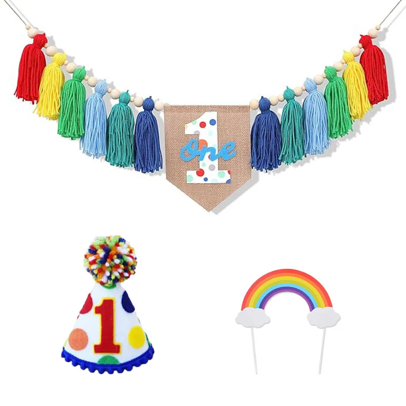 Banner de 1er cumpleaños de arcoíris, sombrero de cumpleaños, conjunto de adorno para tarta, pancarta de borla colorida con cuentas de madera