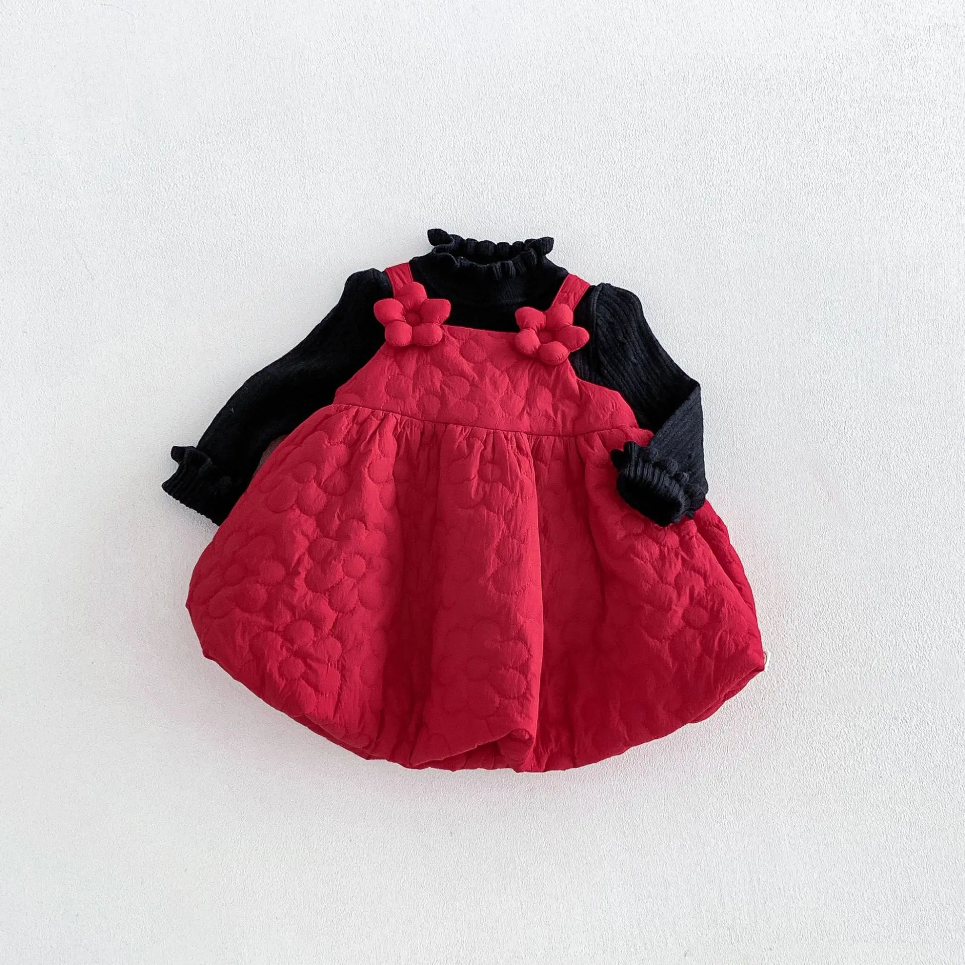 2026 New Winter Girls Padded Lantern Dress | Floral Strap Suspender Dress | Thick Warm Party Gown