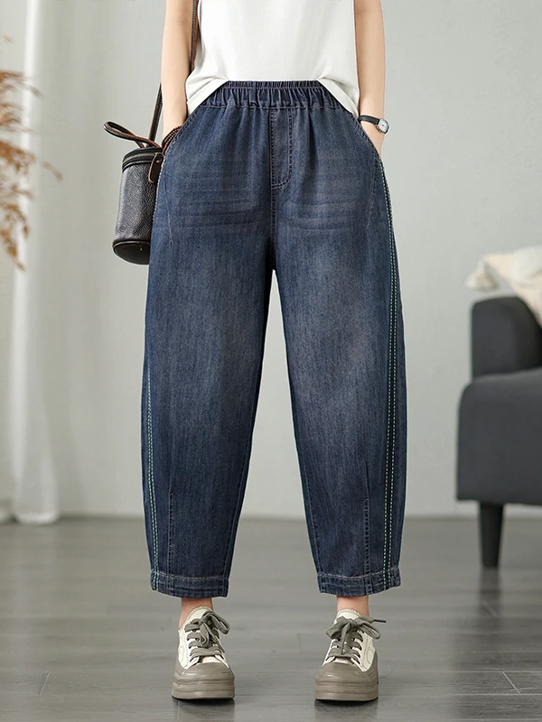 

Blue Denim High Waist Straight Leg Women's Pants Large Size Cuffed Nine Points Harem Trousers Versatile Loose Fit Summer Jeans