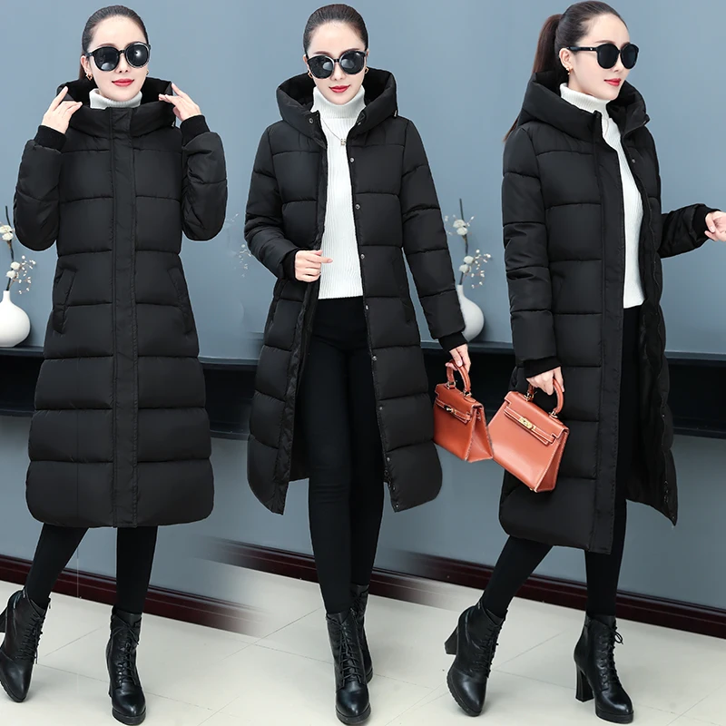 New Winter Korean Slim Fit Fashion Hooded Versatile Cotton Jacket Women Mid To Long Length Over Knee Thick Warm Down Cotton Coat