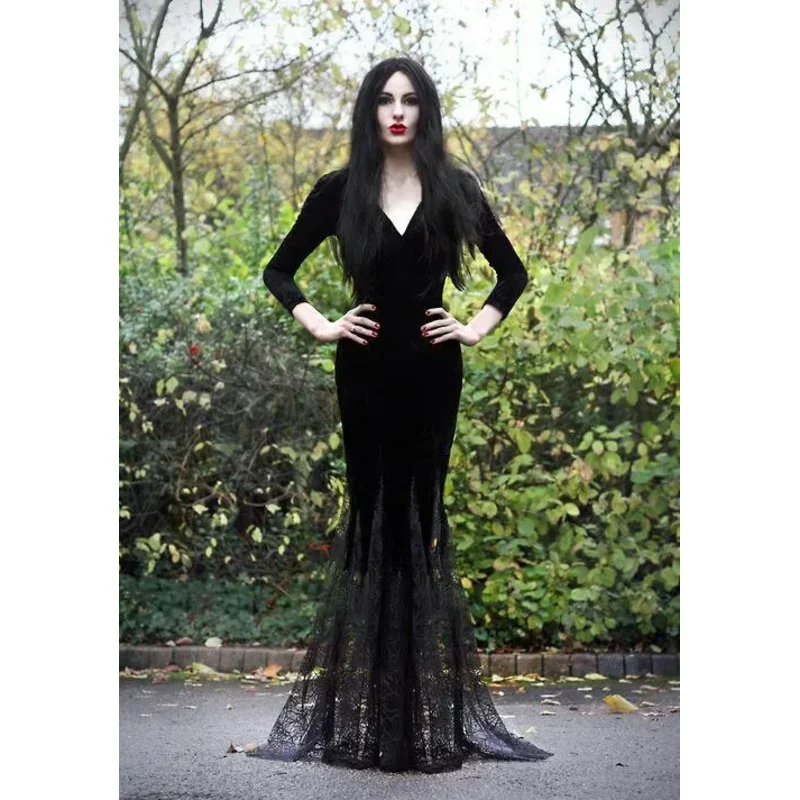 M-3XL Morticia Addams costume cosplay Halloween sexy Gothic wicked witch horror maxi lace floor dress mermaid outfit for women