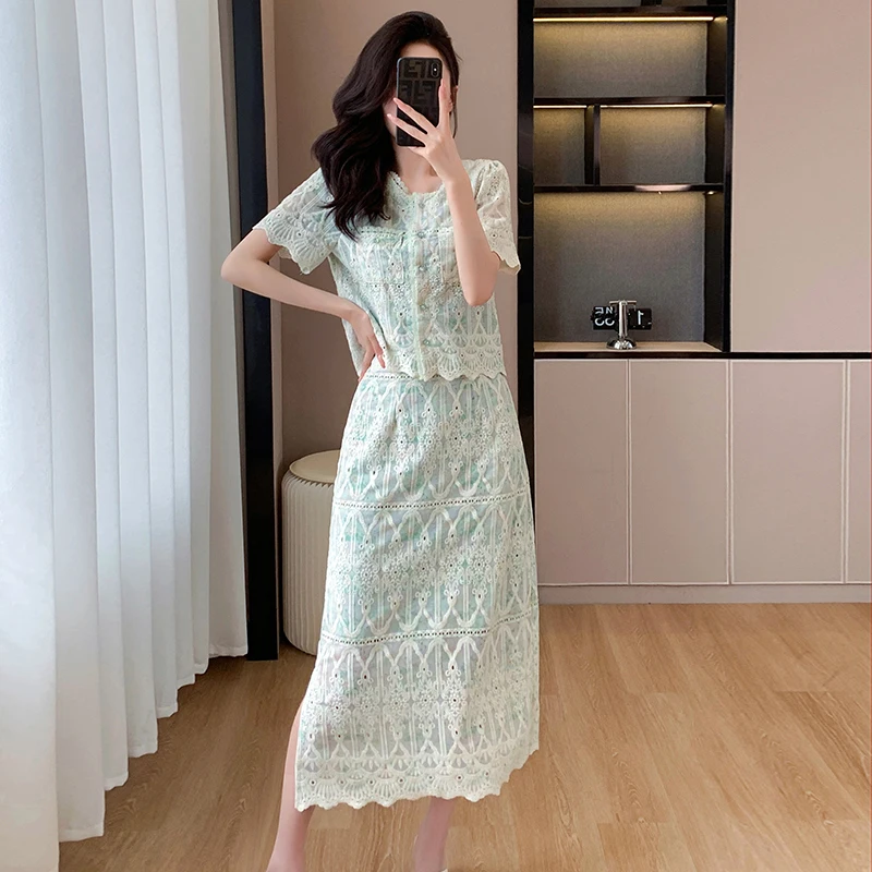 High Quality Summer Floral Embroidery Two Piece Sets Women Suits Elegant OL O Neck Shirt Mid Skirts 2 Piece Outfits Female