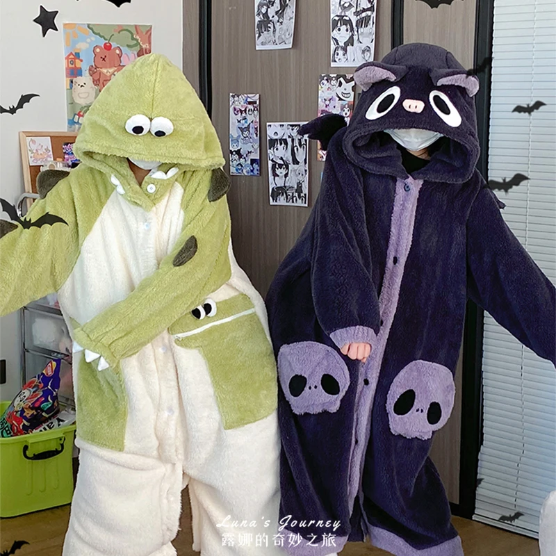 Winter Couple Pajamas Women Men Pijama Sleepwear Cartoon Cat Jumpsuits Nightwear Night Gown Sleeping Gown Robe Nightdress