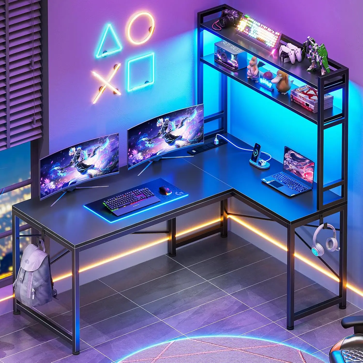Shaped Gaming Desk, Reversible 45.3” Small Corner Desk with Power Outlet and LED Lights, Corner Gaming Desk office desk