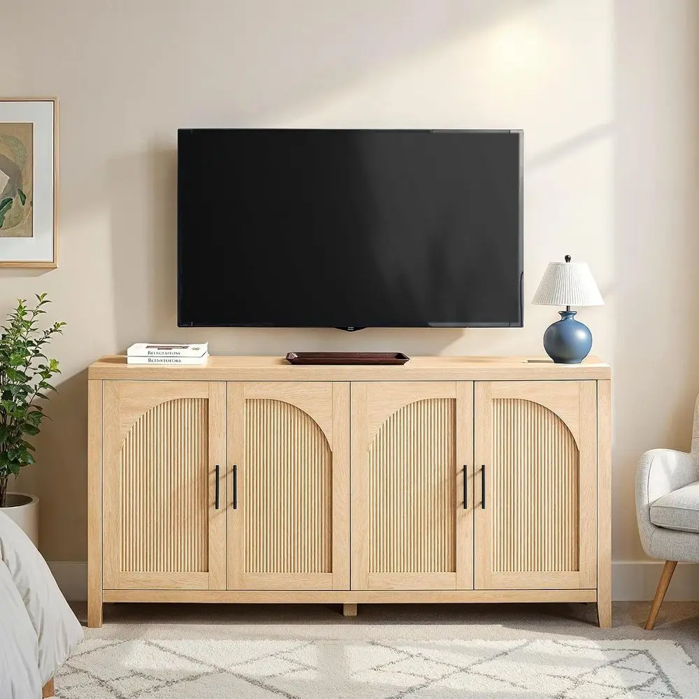 Sasha 4-Door Reeded Sideboard Buet with Cord Management, 60 Inch, al Oak