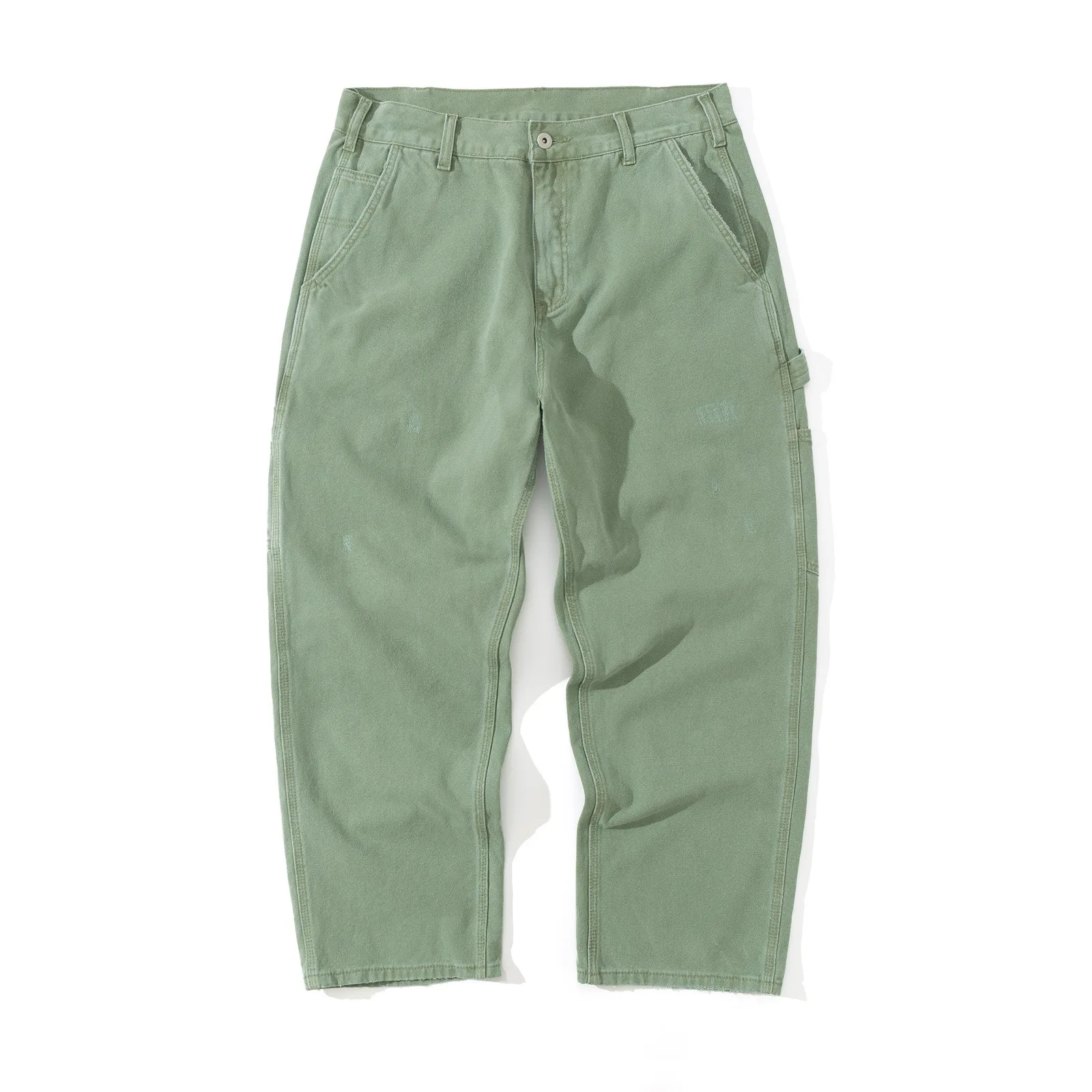 Męskie spodnie casualowe w stylu japońskim retro, sprane, postarzane, o prostych nogawkach, inspirowane odzieżą roboczą.