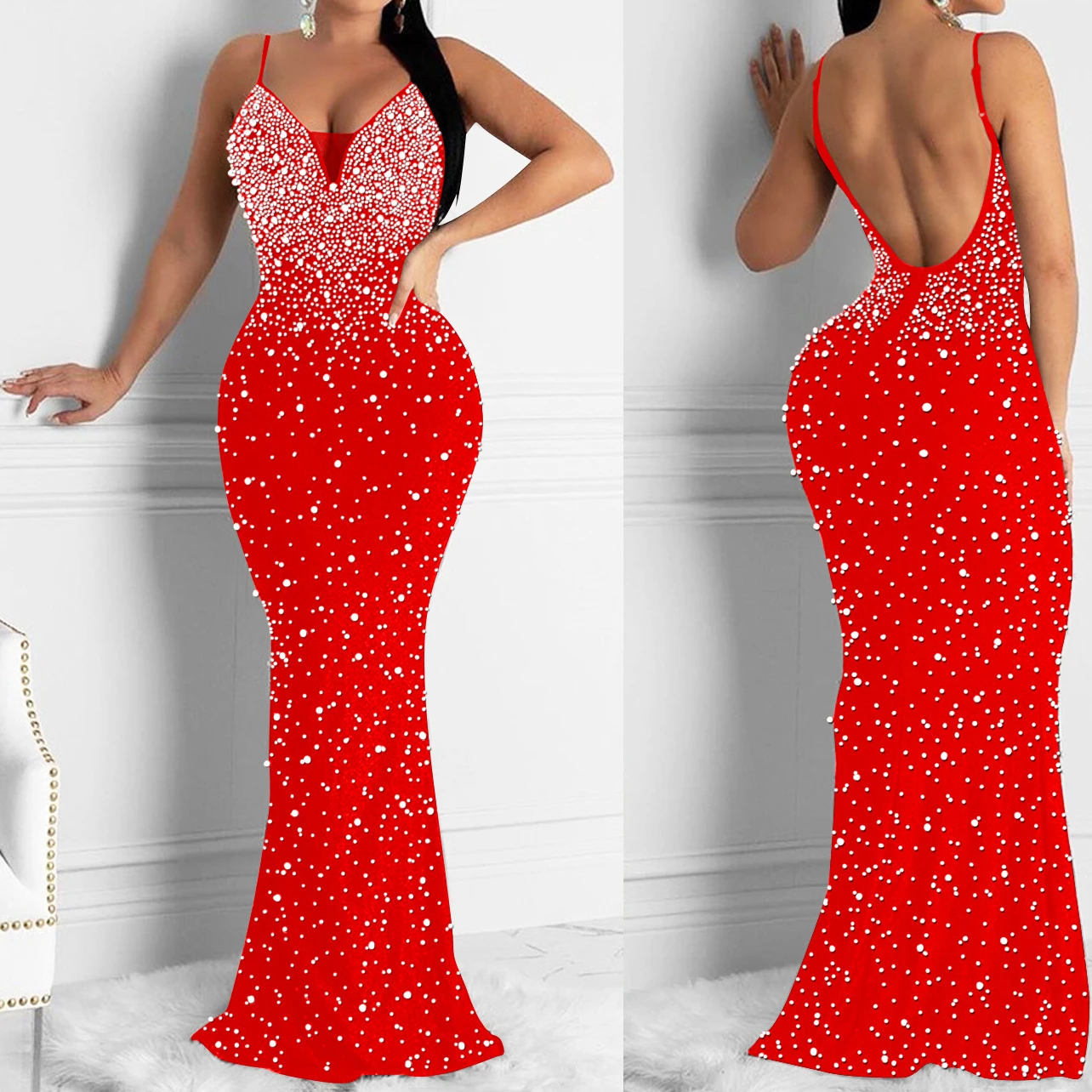 Trunpet Meerjungfrau Abendkleid Frauen Abendkleid Rückenfrei Perlen Spaghettiträger Bodycon Clubwear Elegante Cocktailpartykleider