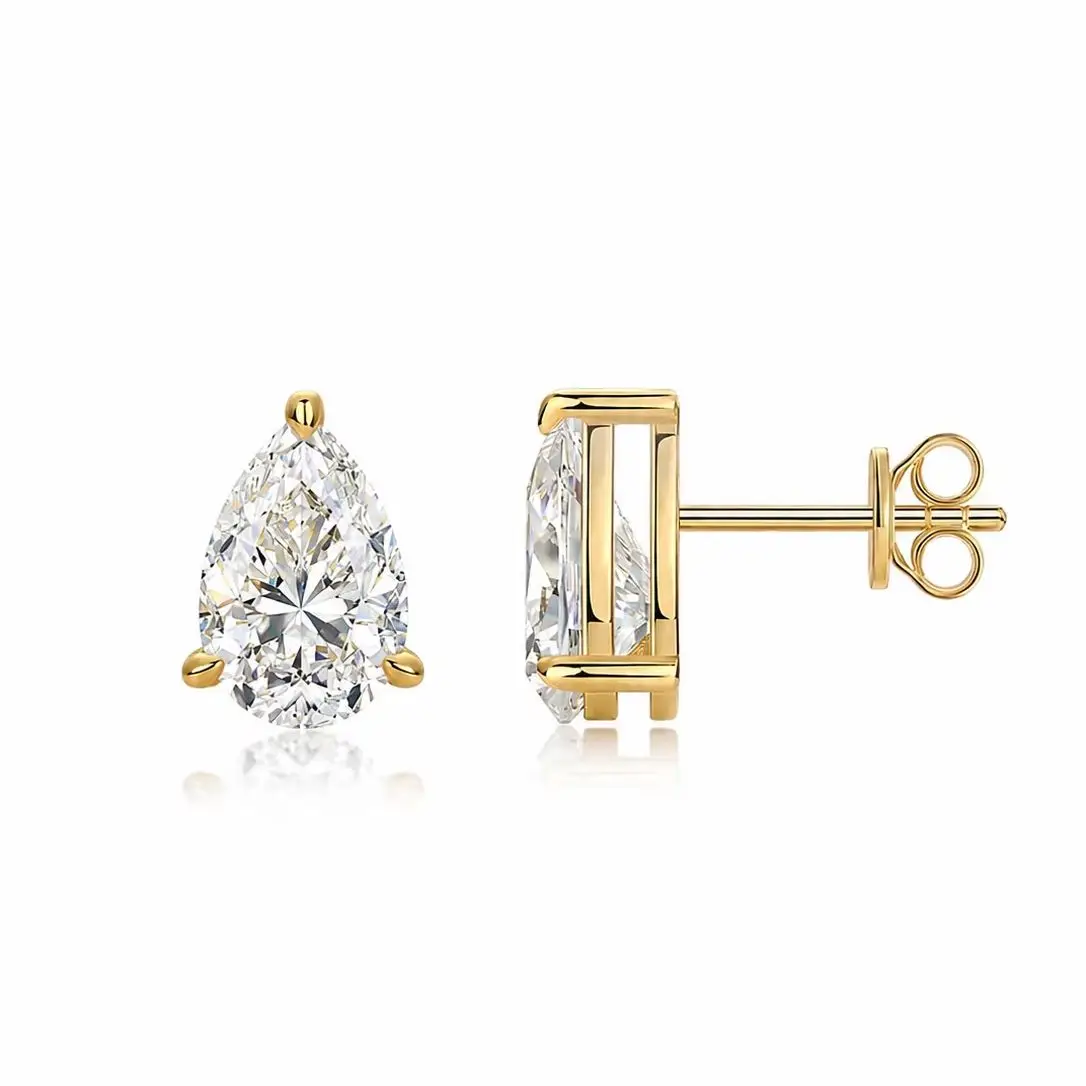 Pair of 925 Silver 1-Carat Pear-Shaped Moissanite Stud Earrings with Three-Prong Settings, Suitable for Daily Wear.