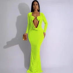 Elegant Ruched Deep V-neck Long Sleeve Bodycon Maxi Dress Women Evening Nightclub Party Celebrity Mermaid Long Dresses Christmas