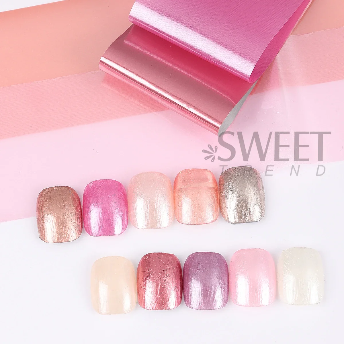 Folhas de transferência de unhas espelhadas rosa puro, estilo de metal gradiente, design doce, cobertura completa, impressão, adesivos de manicure de verão com 10 peças