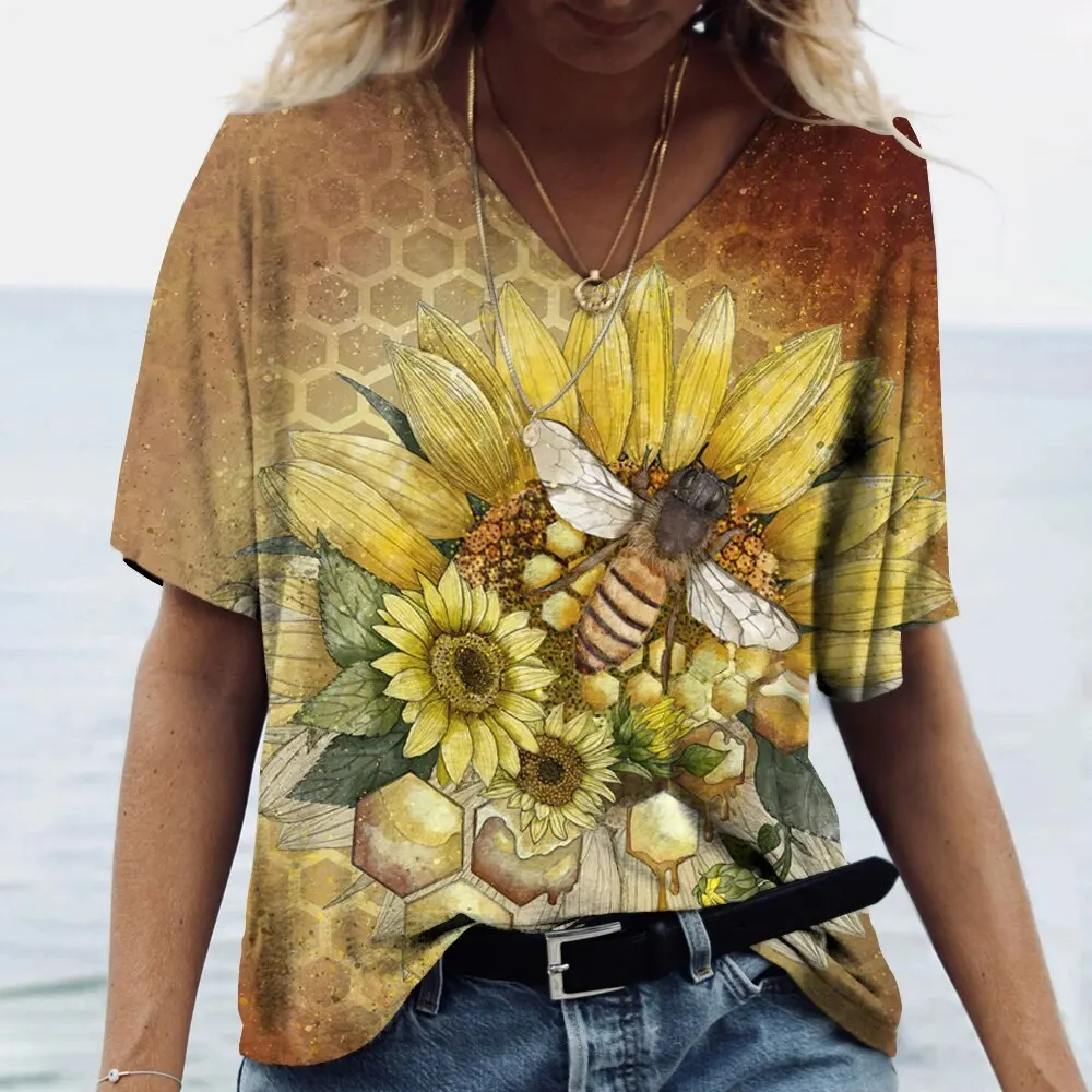 Summer Honey Bee 3D Print T-Shirts Women V-Neck Short Sleeve Sunflower T Shirt Y2K Tees Oversized Harajuku Tops Female Clothing