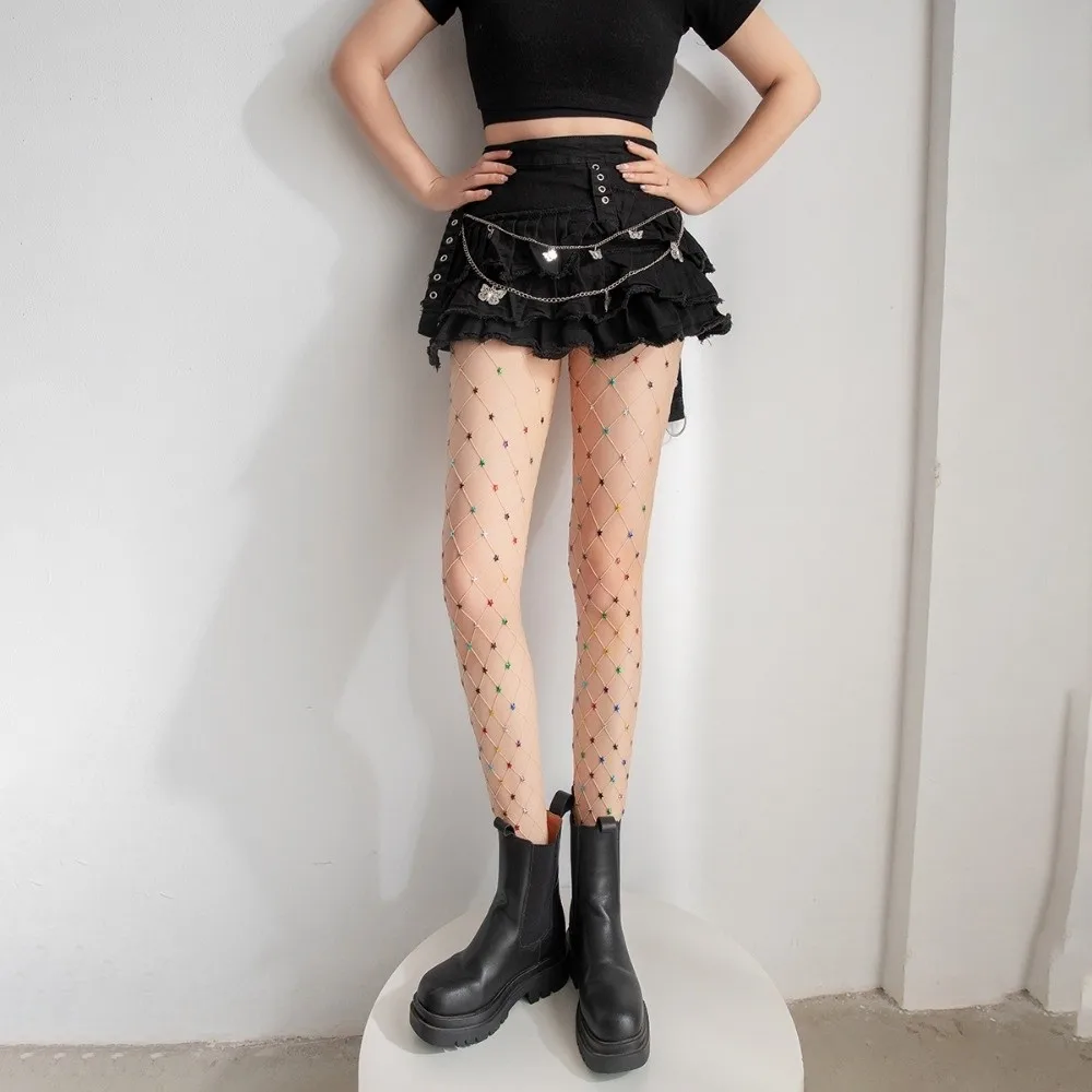 Y2K Colorful Fishnet Stockings Large Mesh Rainbow Rhinestone Star Pantyhose Dopamine Hot Girl Style See-through Tights Girls