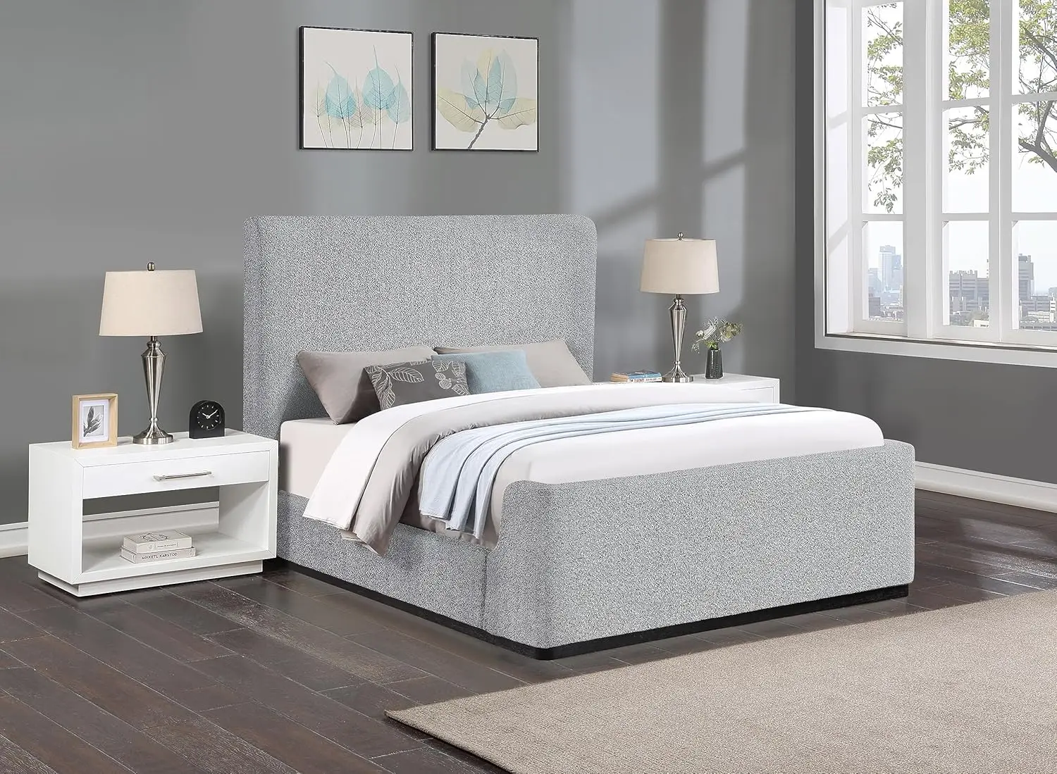 Meridian Furniture Olivergrey-K Oliver Collection Modern | Contemporary Boucle Fabric Upholstered King Bed With Solid Wood