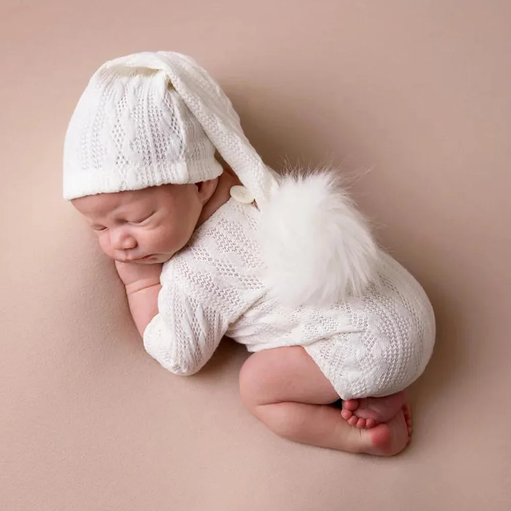 Traje de recién nacido, accesorios de fotografía para recién nacido, mono con sombrero de bola de piel, pelele, ropa de fotografía de Navidad