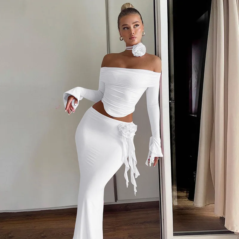 Fashionable Sexy One Shoulder Party Dress Slim Long sleeved Ruffle Edge Decorative Neck Set Tight Open Navel Flower 3D Evening