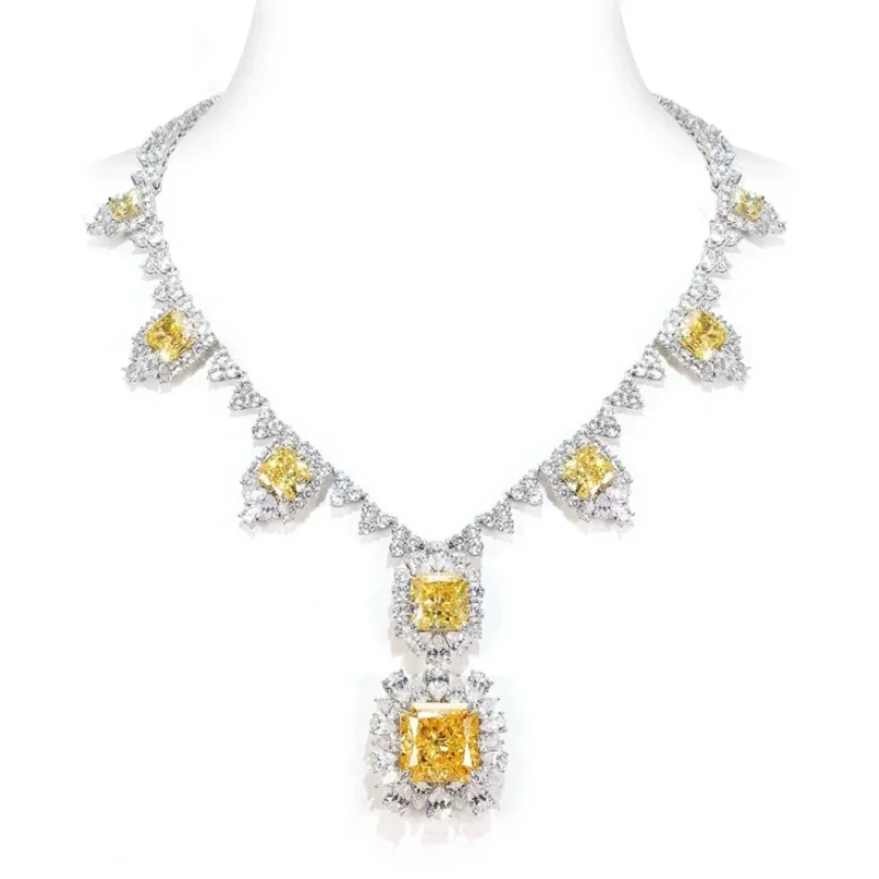 Bellux Pendant Necklace 925 Silver Synthetic Zircon Designer Style Inlaid Large Size Yellow Diamond Square Gems Luxury Necklace