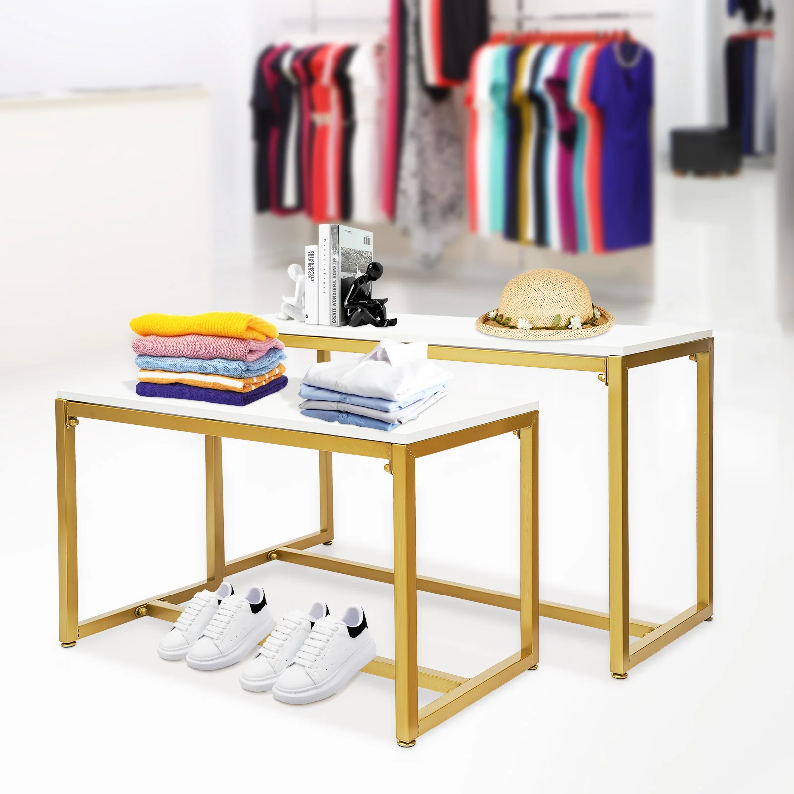 

Metal Shoe Handbag Display Stand, Nesting Tables 2 Piece Set, Display Riser Shelf for Homes, Clothing Shops, Garment Factories