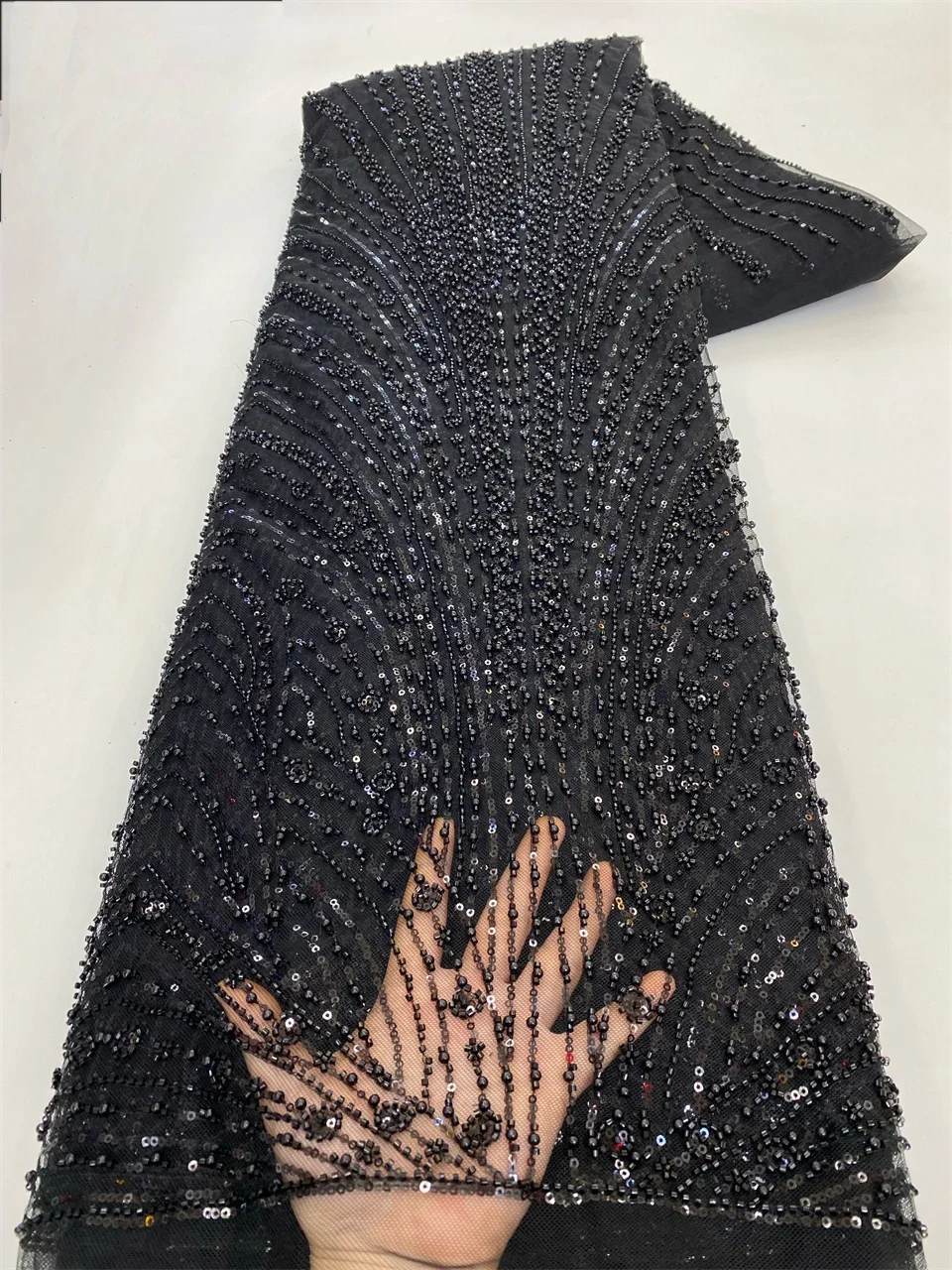

Sequin Beads Embroidery French Mesh Lace Fabric Latest African Handmade Beads Tulle Lace Fabric for Party Wedding Dress HXZ5960
