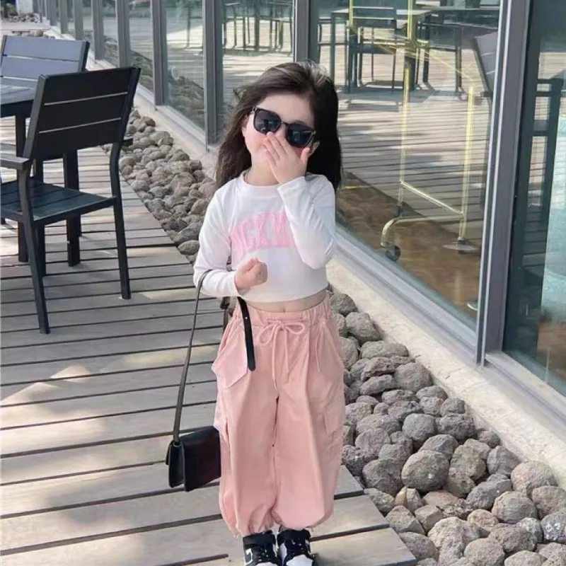 Girls' Pink Work Pants Set 2023 Autumn New Korean Long Sleeve Printed T-shirt Set Children's Clothing 2-7Y