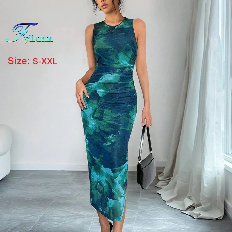 Sukienka damska letnia 2025 z nadrukiem, niebiesko-zielona, tie-dye, dopasowana, bez rękawów, długa, seksowna, z wysokim stanem, rozcięciem, podkreślająca biodra, sukienka balowa.