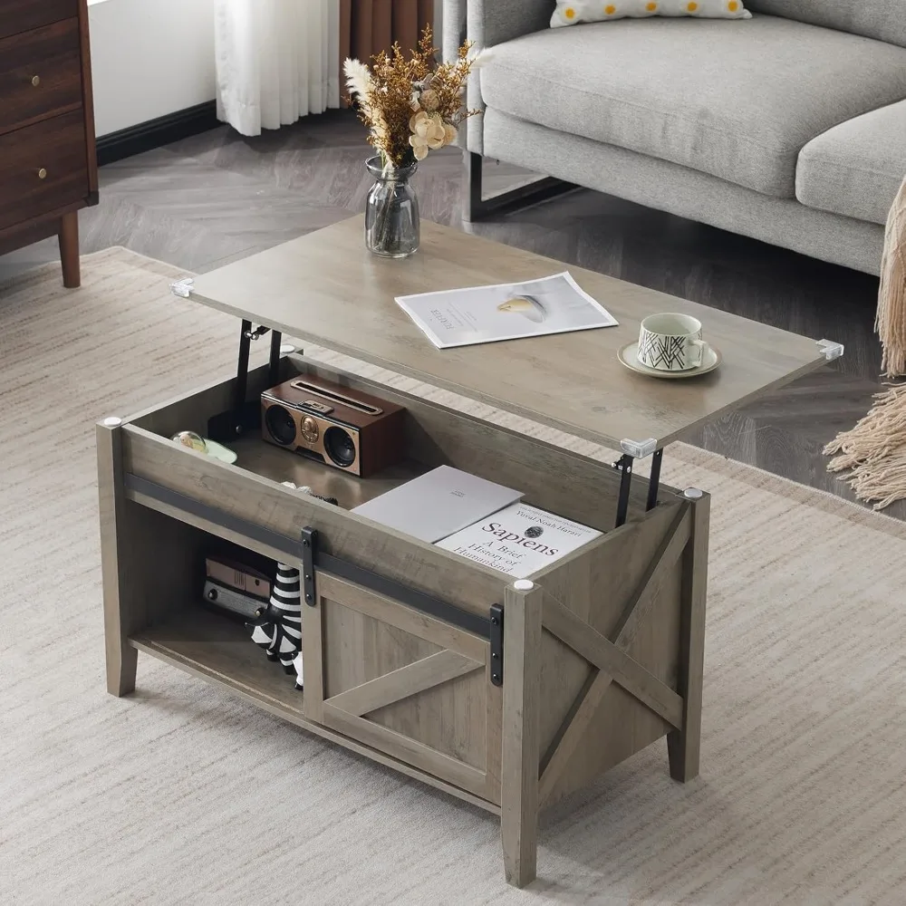 

Rustic Grey Lift Top Coffee Table, 36 Small Farmhouse Barn Door Coffee Table with Storage, Rectangular Center Coffe Table