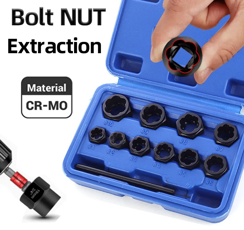 

Removes Damaged Impact Nut and Bolt Extraction Tool Set Rusted Damaged Stripped Remover Tool Kit Nut Bolt Extractor Socket Set