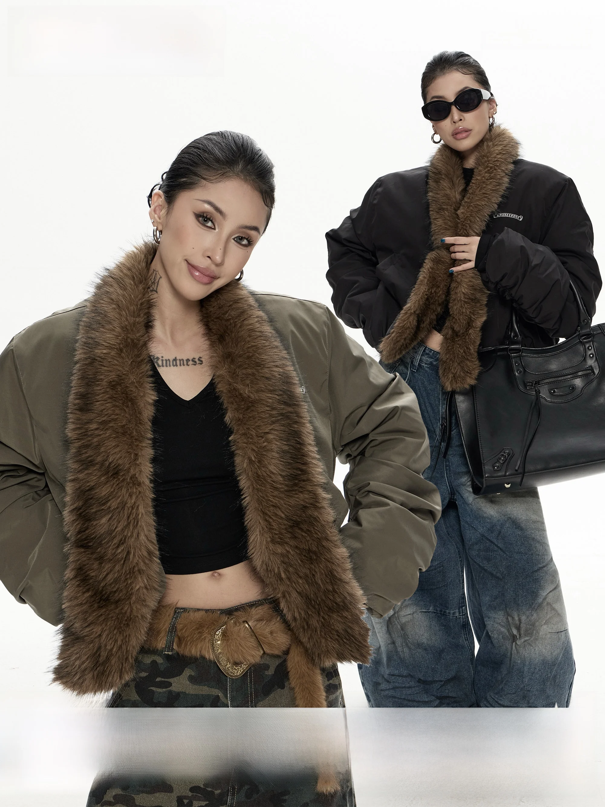 

Wildlife Zero Detachable Fur Collar Loose Thiened Cotton Jaet Women's Autumn Winter New Sle American Retro Cotton Coat