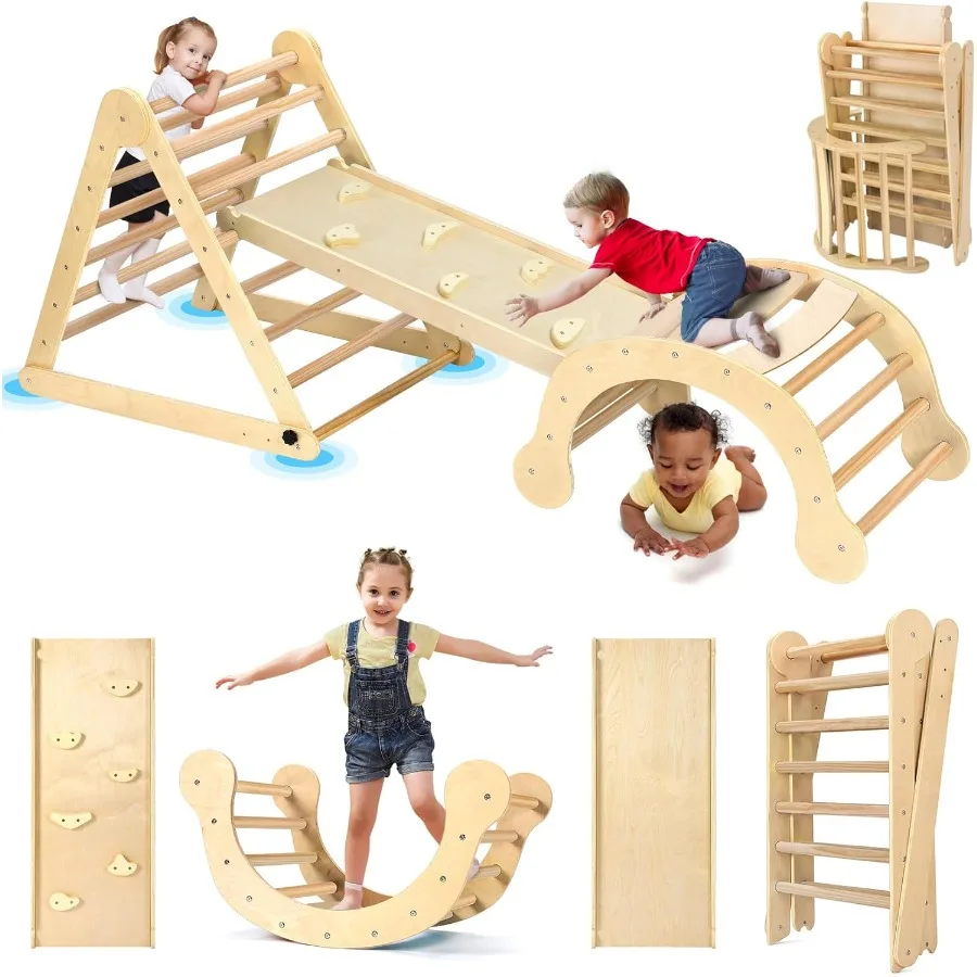 大型ピクラー三角形セット 7-in-1、モンテッソーリクライミングトイ（1歳以上向け）、頑丈なベースと高さ調節機能付き、クイックフォールド式