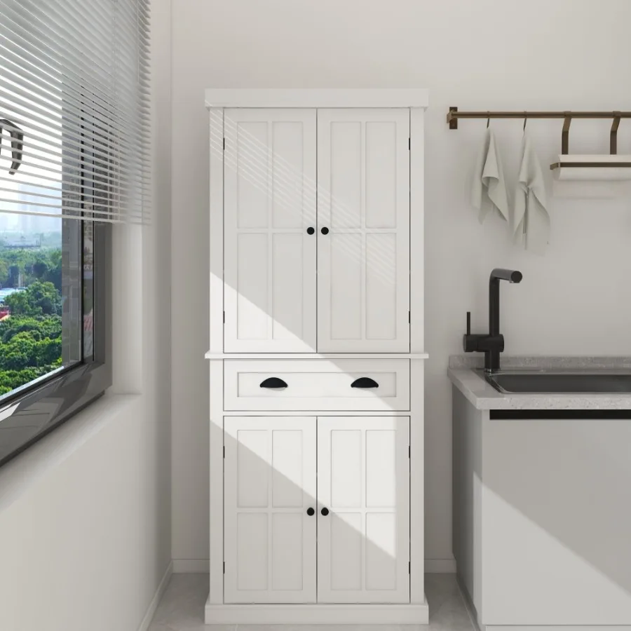 

71 Kitchen Pantry Storage Cabinet with 4 Doors Drawer 2 Adjustable Shelves Freestanding Cupboard for Dining Room Living Room La