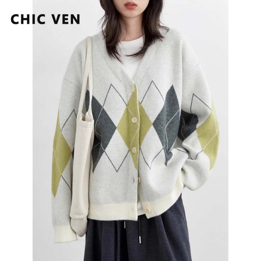 

Женские свитера CHIC VEN, свободные повседневные ретро-жаккардовые вязаные женские кардиганы с ромбовидной сеткой, джемперы с v-образным вырезом, осень-зима 2025
