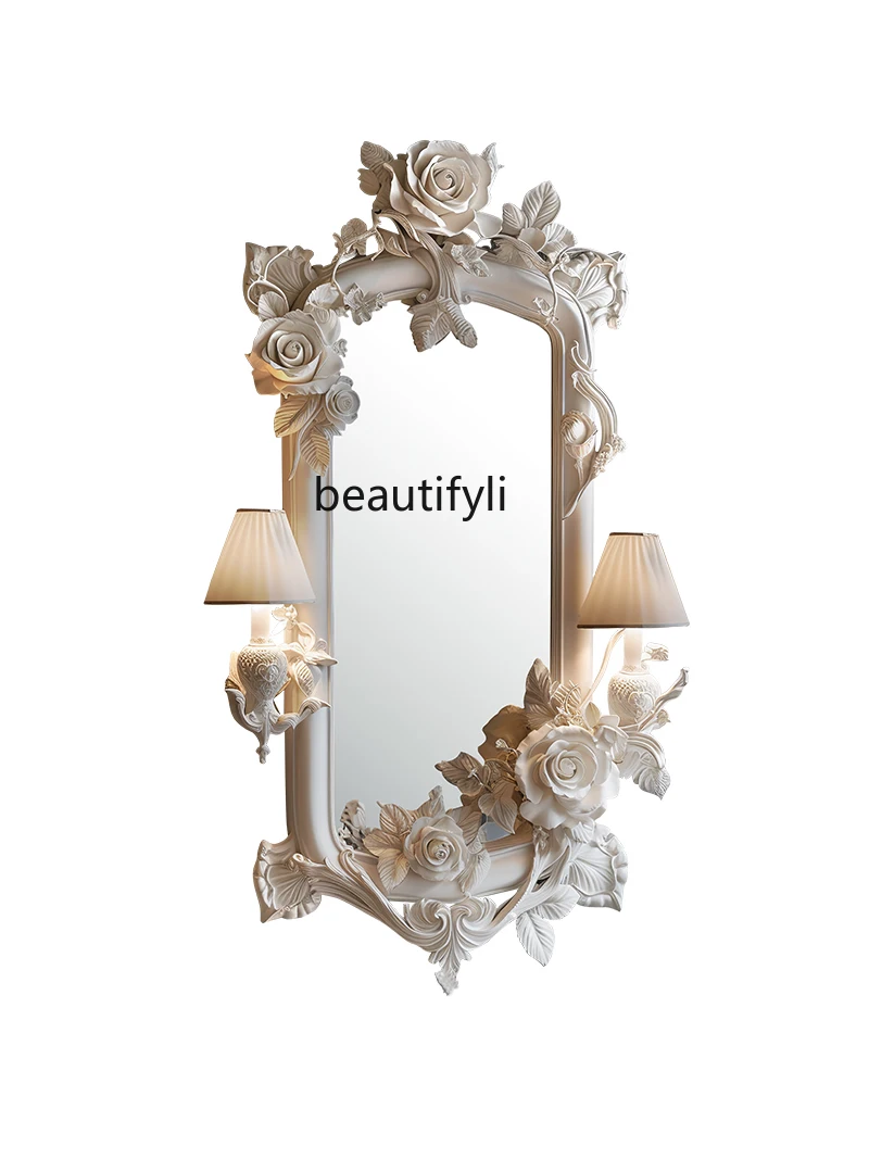 French Carved Half-Length Mirror European Style Living Room Fireplace Decorative Mirror Beauty Salon Cosmetic Mirror with Light