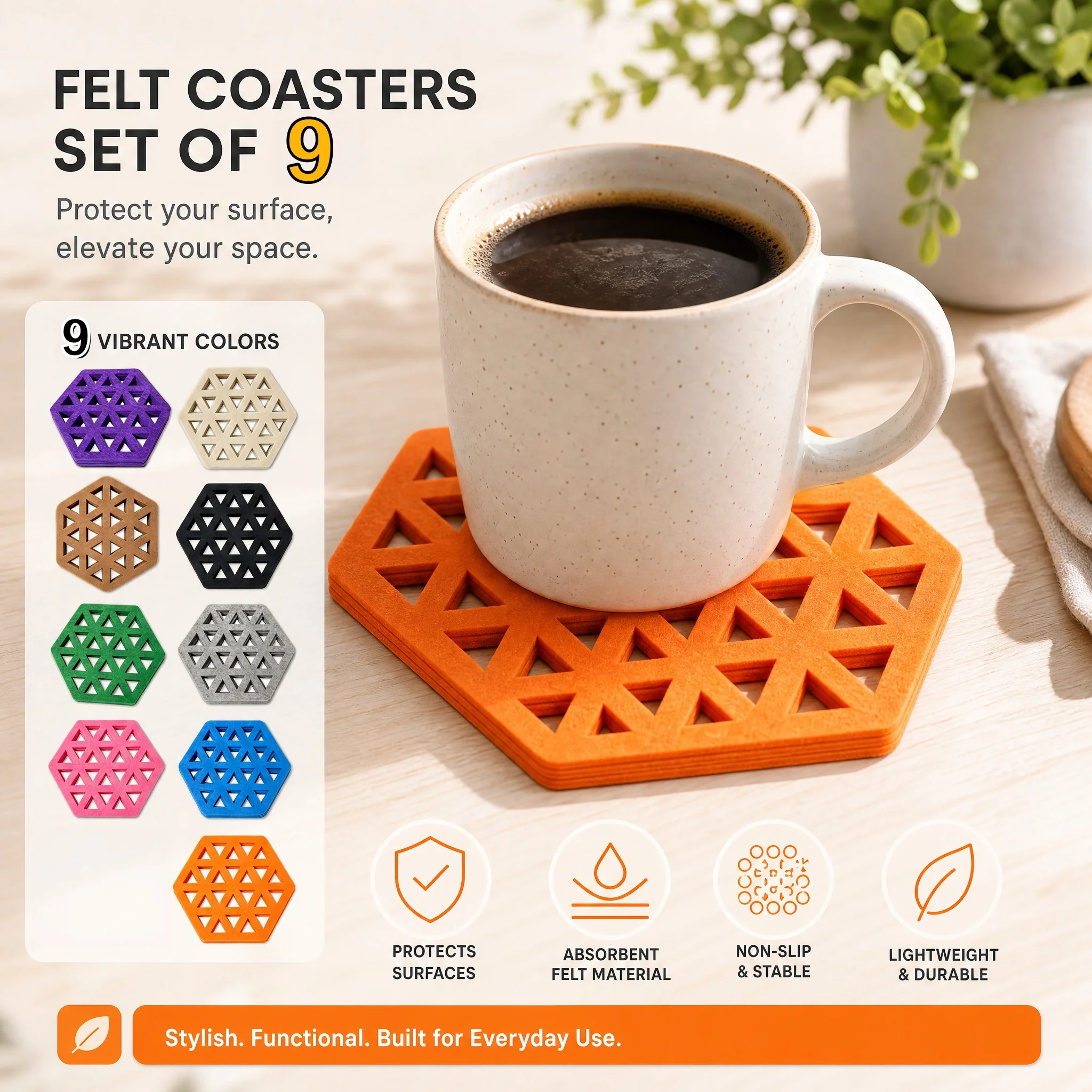 4/10pcs hexagonal geometric hollow felt coasters, simple wind hollow triangular pattern felt coasters, household coffee cups