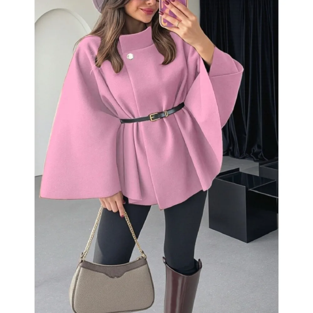 For Women's Stand Collar Cape Coat With Belt Copy Wool Blend Batwing Sleeve Elegant Autumn Winter Short Cloak Padded Coat 2026
