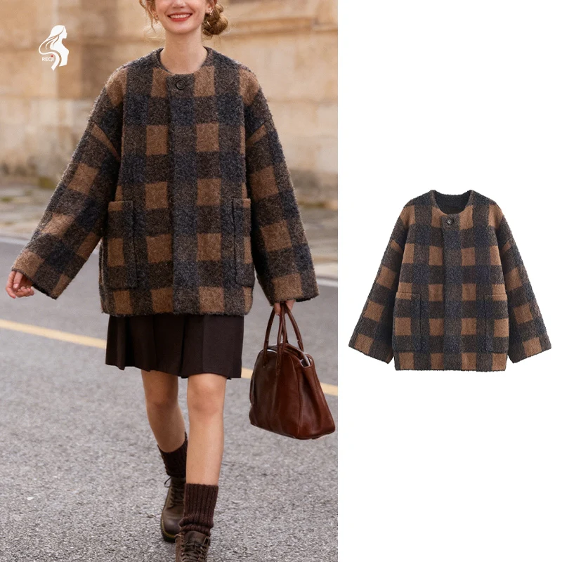 

Женское модное клетчатое вязаное пальто, куртка с круглым вырезом и карманами, свободное универсальное пальто, подходящее для повседневной и рабочей одежды Trafizaran